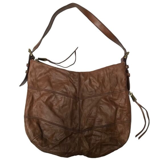 Hobo International Brand Camel Leather Shoulder Bag with Blue Floral Liner - Picture 1 of 13